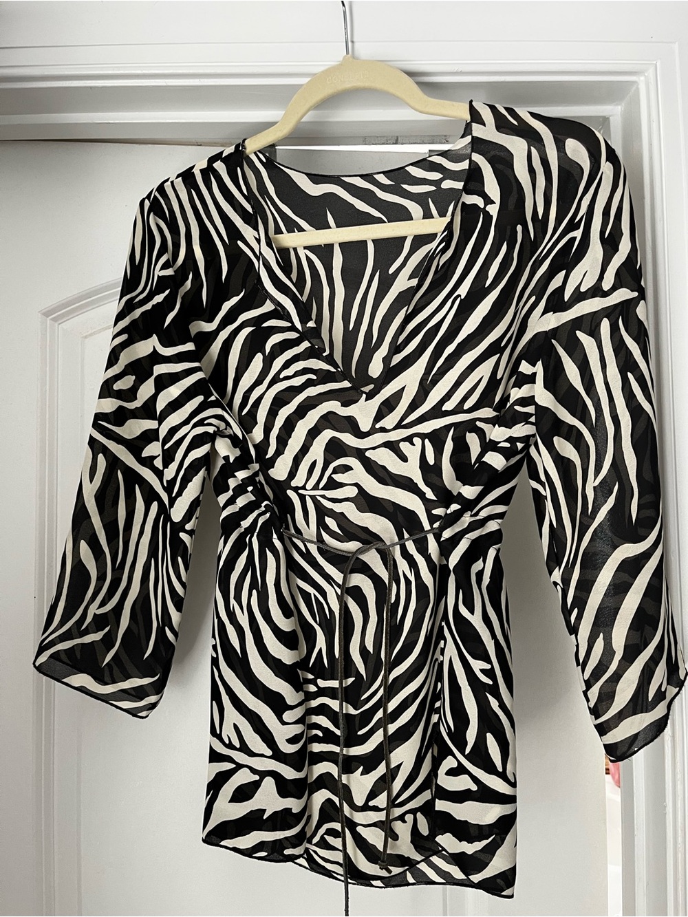 Moda International Zebra Print Sheer Tie-Waist Top - Black & White